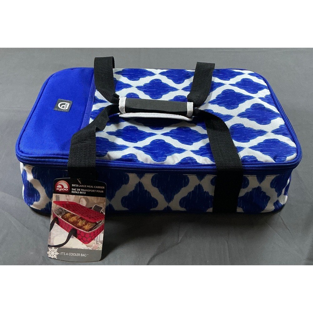 Igloo 9x13 Large Meal Carrier Insulated Cooler Bag Blue White Ikat Quatrefoil